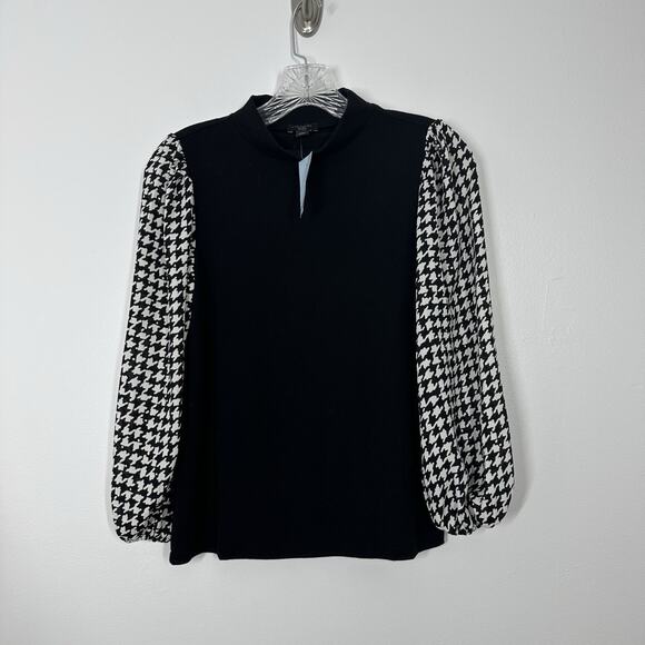 NEW Ann Taylor Womens XXSP Black Long Semi Sheer Sleeve Mock Neck Blouse - Picture 1 of 4